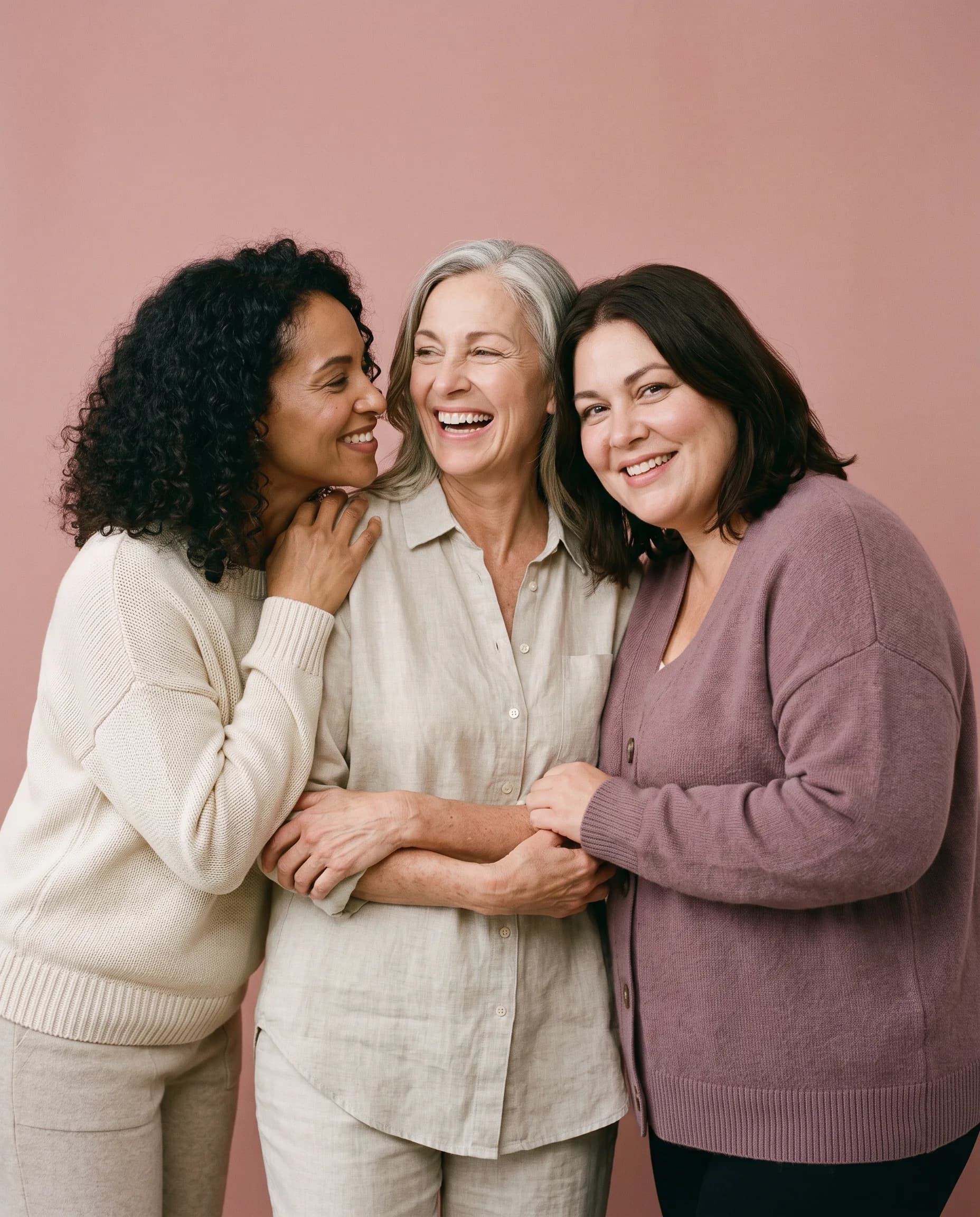 Three women of different ages laughing together against a soft blush background.